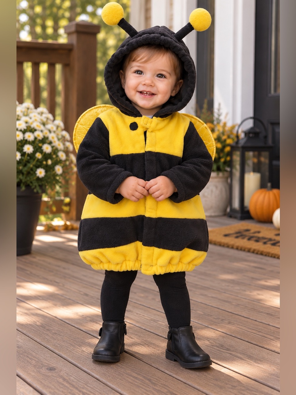 🐝 Old Navy Baby Bee Halloween Costume 12-24M Yellow Black Fleece Wings Hood